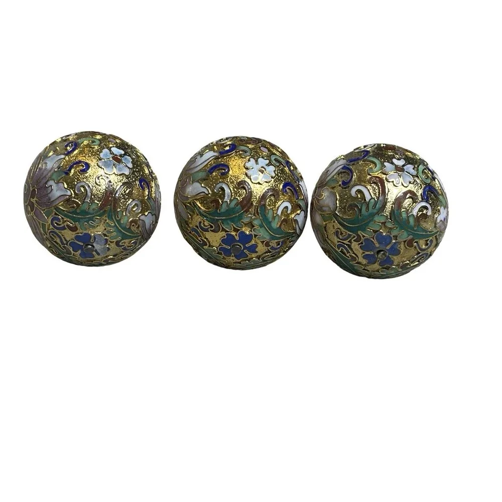 Lillian Vernon Cloisonné Ornaments Set of 3 Ball Gold Enamel Floral Vintage 1.5